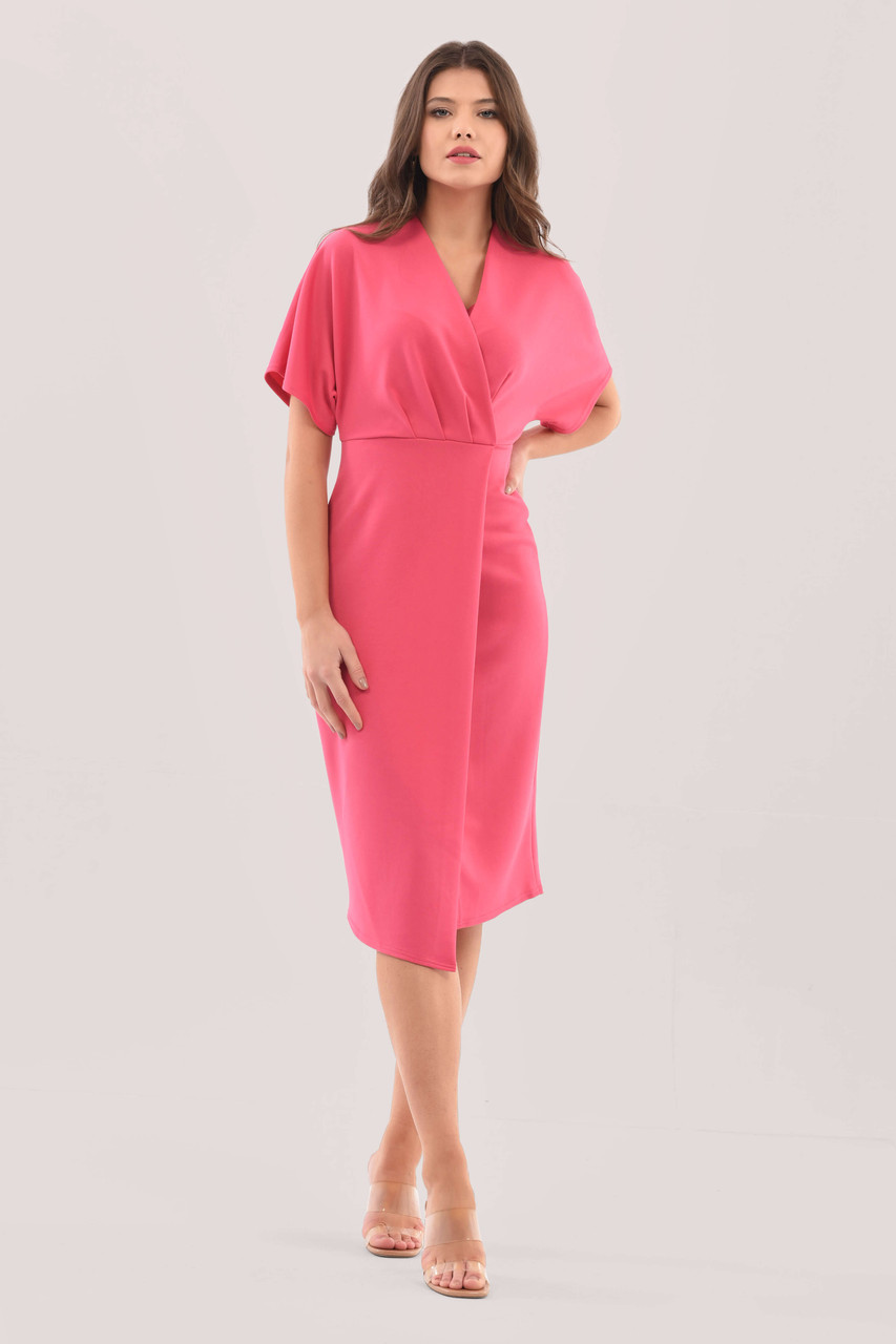 Women's Pink Kimono Sleeve Wrap Midi Dress